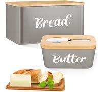 Hushee Metal Bread Box and Butter Dish with Bamboo Cutting Board Lid and Knife Bread Storage Container Breadbox for Kitchen Counter Butter Organizer for Kitchen Countertop Decoration(Gray)