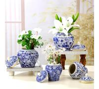 Hushee Set of 4 Blue and White Porcelain Vase Chinoiserie Ginger Jar Blue Flower Vase 2 Size Ceramic Chinese Flower Decorative Bud Jars with Lid for Home Bedroom Shelf Tabletop Decor
