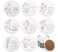 Hushee Set of 8 Christian Coasters with Bible Verses, Christmas Inspirational Absorbent Ceramic Drink Coaster with Holder for Home Decor Christian Gifts First Communion, 4 Inches(Floral)