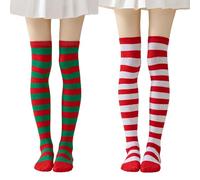 HUSHRICH 2Pairs Women Striped Knee-High Tights White Green and Red Tights, Christmas Knee Tight Women Elf Tight, Christmas Costumes for Lady Christmass-Themed Outfit One Size