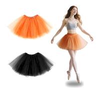 HUSHRICH 2Pcs Women's Tulle Skirt Teen Adult Black Elastic 3 Layered Tulle Tutu Skirt for Dress-up Ballet Dancing Skirts Halloween 80's Costume for Women and Teens Black Orange