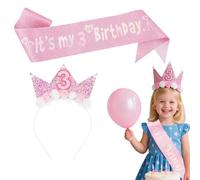 HUSHRICH Baby Girls Age 3 Birthday Headband and Sash, Princess Girls Third Birthday Tiara Sash Set, Adjustable 3rd Birthdays Headpiece for Baby Girls Age 3 Birthdays Party Decoration Gifts Pink
