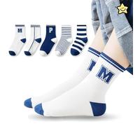 HUSHRICH Boys Socks 5 Pairs Kids Sports Crew Socks Boys Blue Striped School Athletic Socks 6-12 Years Kid to Junior
