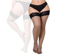 HUSHRICH Plus Size Fishnet Thigh-High Stockings with Lace Top Stay Up Tights Pantyhose Fishnet Sexy Hold up Thigh Highs Tights for Women (Black)