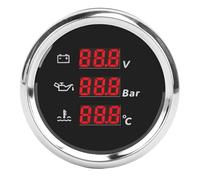 HUSHUI 52mm Digital Voltage Oil Pressure Water Temp Gauge, Red Backlight IP67 with Stainless Steel Bezel Anti Fog Glass, for Boat Yacht RV Truck Motorcycle 9 to 32VDC (Black Dial Silver Bezel)