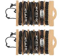HUSHUI Braided Leather Bracelet Set, Vintage Hand-Made Adjustable Cuff Jewelry for Work and Travel, 12 Pcs Split Leather, Wax Thread