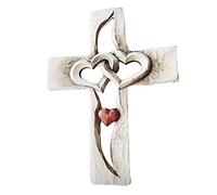 HUSHUI Carved Wooden Cross Intertwined Hearts Wall Hanging Hand Carved Wood Cross for Living Room Study Bedroom Office Decor (red cross)