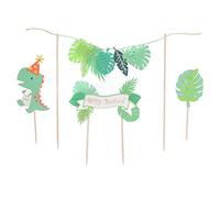 HUSHUI Dinosaur Cake Topper Set, Cute Tropical Dinosaur Decorations for Jungle Birthday Parties, Paper and Bamboo Stick Inserts, 4 Pieces