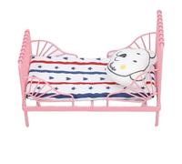 HUSHUI Dollhouse Metal Bed, 1:12 Miniature Bed with Bear Decoration and Cute Patterns, for Doll House Bedroom Decoration and Role Playing Games (Strip Pattern)