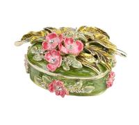HUSHUI Leaf Flower Design Gold Plated Enamel Jewelry Box, Green Oval Storage Trinket Box with Crystals for Earring Ring Necklace, Exquisite Details, Hand Crafted