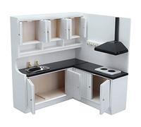 HUSHUI Miniature Doll House Kitchen Cute Black White Design Easy Carry for Role Playing, Birch Material