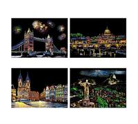 HUSHUI Scratch Paper Set, Colorful Landscape Scratchboard, Fine Motor Skill Development for Kids, A4 White Cardboard, 4 Sheets (Beautiful City)