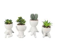 HUSHUI Set of 4 Cute Human Shaped Ceramic Planter Pots, Artificial Faux Succulent Potted Planters, Perfect for Home and Office Decoration