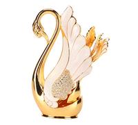 HUSHUI Swan Base Holder Decorative Gold Tableware Set for Coffee and Dessert, 1 Holder with 6 Spoons, Alloy, Smooth Edges (Golden White Spoons)