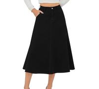 HUSKARY Women's Stretchy High Wasited A Line Long Maxi Jean Skirt Below Knee Length Flared Midi Denim Skirts with Pockets, Black, XL