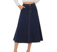 HUSKARY Women's Stretchy High Wasited A Line Long Maxi Jean Skirt Below Knee Length Flared Midi Denim Skirts with Pockets, Dark Blue, M