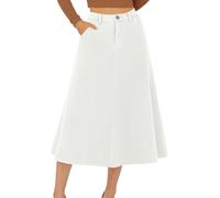 HUSKARY Women's Stretchy High Wasited A Line Long Maxi Jean Skirt Below Knee Length Flared Midi Denim Skirts with Pockets, White, XXL