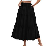 HUSKARY Women's Summer Casual Elegant Smock Layered Tiered Maxi Skirt High Waisted A Line Flowy Long Skirts with Pockets, Black, M