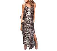 HUSKARY Women's Summer Casual Sleeveless V Neck Strappy Split Loose Dress Beach Cover Up Long Cami Maxi Dresses with Pocket, Leopard, L