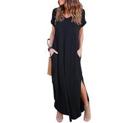 HUSKARY Women's Summer Maxi Dress Casual Loose Pockets Long Dress Short Sleeve Split, Black, L