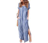 HUSKARY Women's Summer Maxi Dress Casual Loose Pockets Long Dress Short Sleeve Split - Blue - Medium