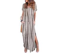 HUSKARY Women's Summer Maxi Dress Casual Loose Pockets Long Dress Short Sleeve Split, Brown, L
