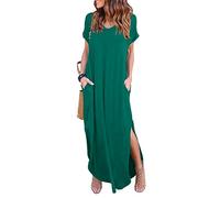 HUSKARY Women's Summer Maxi Dress Casual Loose Pockets Long Dress Short Sleeve Split Maxi Dresses, Green 01, M