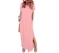 HUSKARY Women's Summer Maxi Dress Casual Loose Pockets Long Dress Short Sleeve Split, Pink 01, M
