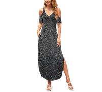 HUSKARY Women's Summer Maxi Dresses V Neck Cold Shoulder Short Sleeve Casual Loose Long Split Dress with Pocket, Foil Silver, XXL