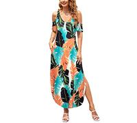 HUSKARY Women's Summer Maxi Dresses V Neck Cold Shoulder Short Sleeve Casual Loose Long Split Dress with Pocket, Leaves01, XXL