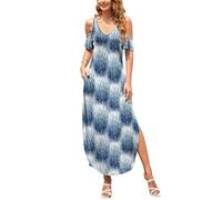 HUSKARY Women's Summer Maxi Dresses V Neck Cold Shoulder Short Sleeve Casual Loose Long Split Dress with Pocket, Tiedye02, L