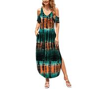 HUSKARY Women's Summer Maxi Dresses V Neck Cold Shoulder Short Sleeve Casual Loose Long Split Dress with Pocket, Tiedye01, XL
