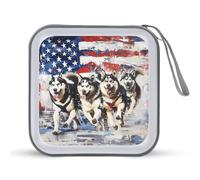 Huskie Dogs U.S. Flag Painting CD Case 40 Capacity Plastic DVD Storage Box Sleeves Zippered Wallet