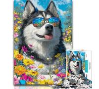 Huskies And Flowers 1000 Piece Jigsaw Puzzle for Adults Teens,Learning Educational Toys Family Games with Matching Poster And Trivia Sheet (50x75cm)