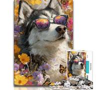 Huskies And Flowers 1000 Piece Jigsaw Puzzles for Teenagers Gifts,for Educational Game Challenge Toy Unique Home Decor And Gifts (38x26cm)