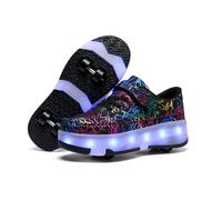 HUSKSWARE Kids Shoes with Wheels - LED Light-Up Roller Sneakers Boys Girls, Retractable Skating Trainers, USB Rechargeable Outdoor Sports Shoes EU 27-40 White Black Pink