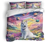Husky Bedding Set For Boys Girls,Rainbow Planet Double Kids Duvet Cover 200×200Cm 3D Printed Soft Microfibre Polyester Comforter With Zipper Teens Quilt Cover 2 Pillowcases 50×75Cm