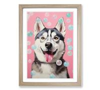 Husky Bubble Gum Painting Framed Print | A2 Oak Framed Wall Art | Ready to Hang | Modern Animal Picture | Living Room Bedroom Lounge Office