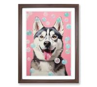 Husky Bubble Gum Painting Framed Print | A2 Walnut Framed Wall Art | Ready to Hang | Modern Animal Picture | Living Room Bedroom Lounge Office
