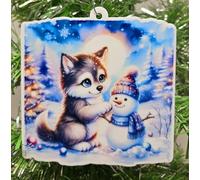 Husky Building Snowman Ornament Puppy Playing in The Snow