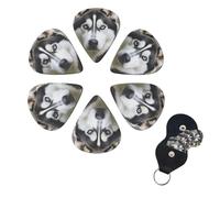 Husky Dog Guitar Picks 6 Pack, 0.71mm Thickness Celluloid Bass Pick with Leather Guitar Pick Holder Keychain Abstract Art Pics Plectrum for Acoustic Electric Guitar, Ukulele, Bass