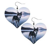 Husky Dog on a Frozen Lake Leather Earrings for Women Heart Dangle Earrings Lightweight Drop Earring Jewelry Gift