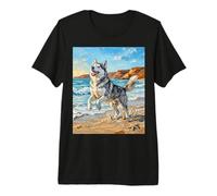 Husky Dog Playing on a Summer Beach Coastal Artwork Premium T-Shirt