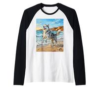 Husky Dog Playing on a Summer Beach Coastal Artwork Raglan Baseball Tee