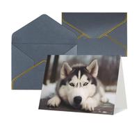 Husky Dog Printed Pearl Paper Greeting Card, Black - Folded Blank Cards with Gold Trim for Weddings, Birthdays, Christmas