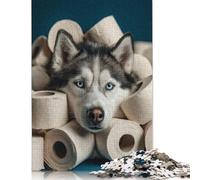 Husky Dog Surrounded by Toilet Paper Toilet Paper Trouble Puzzles for Adults & Teenagers Wooden Puzzles for Adults Secret Santa Gifts 500pcs (52x38cm)