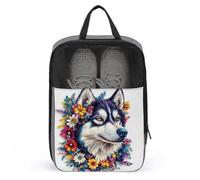 Husky Dog with Vibrant Flowers Shoe Bag for Travel Daily Use Anti-dust Storage Carrier Golf Shoe Pouch