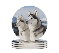 Husky Dogs Ceramic Coaster Round Drink Coaster with Cork Base Non-Slip Absorbent Cup Mat Suitable for Mug Beer Bar Coffee Table Protection Home Decor 4PCS