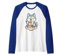 Husky Eating Ramen Noodles, Kawaii, Manga, Anime Raglan Baseball Tee