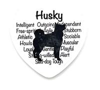 HUSKY FRIDGE MAGNET - dog silhouette in black on white ceramic heart shaped fridge magnet with dog's characteristics in background. Great gift/ present idea for dog lover.